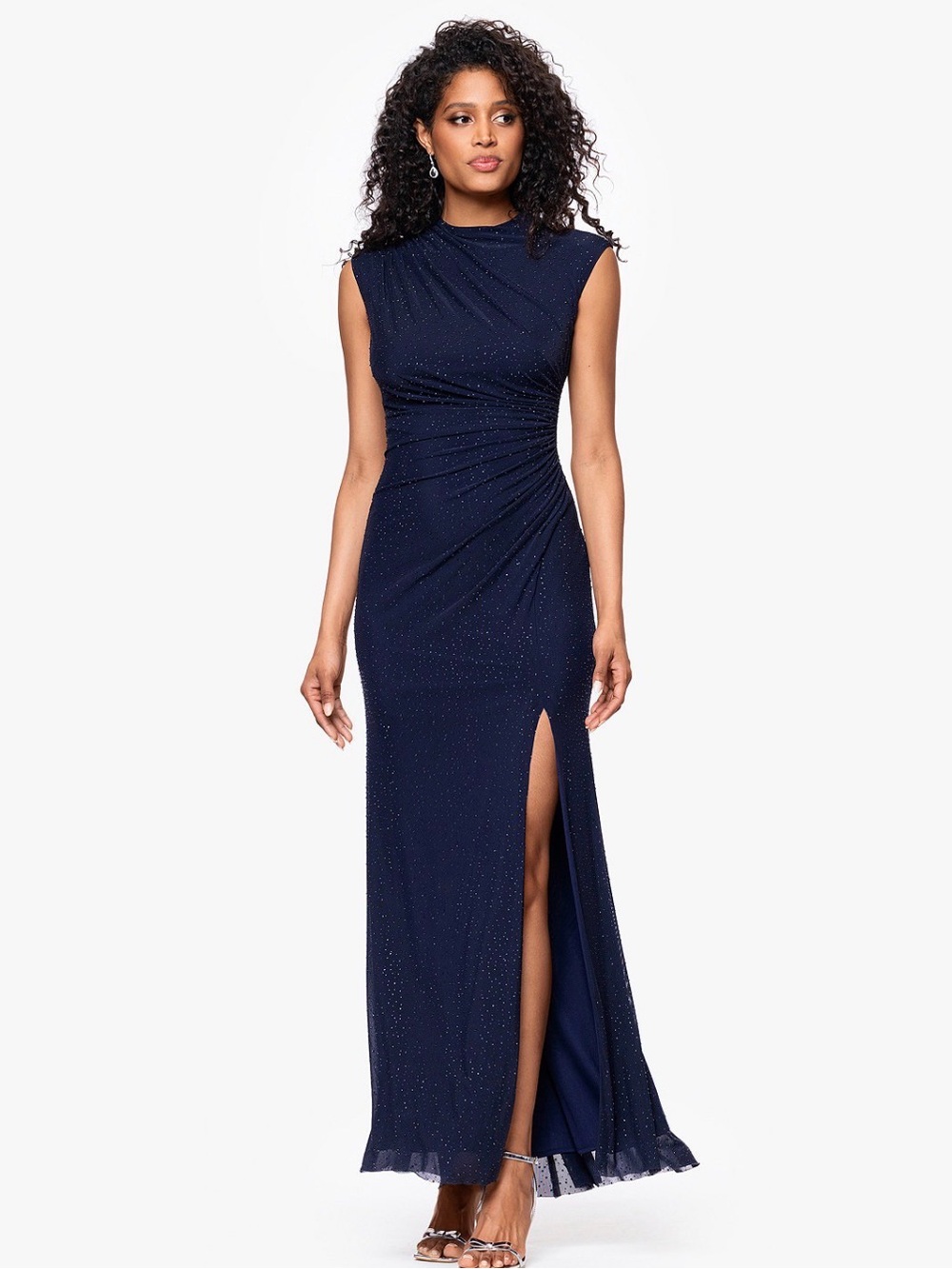 Betsy & Adam Navy Sparkle Maxi Dress with Side Slit